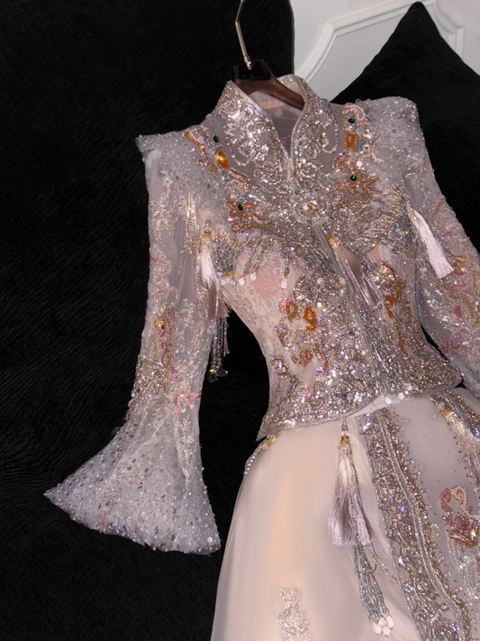 Superbe robe de soirée romantique en mousseline de soie rose scintillante, ornée de paillettes et de perles, coupe trapèze, robe de bal D1631