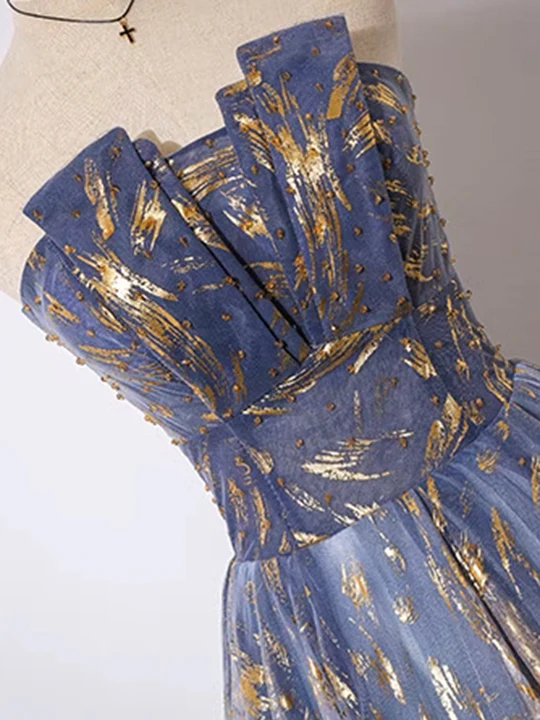 Retro Blue Sequin Strapless Design A-line Tulle Party Dress Homecoming Dress D1556