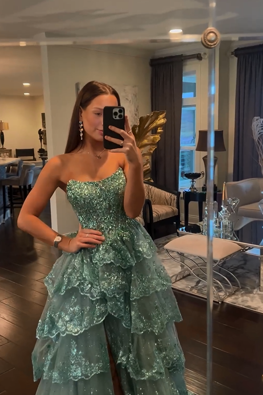 Glitter Blue Strapless A-Line Lace Tiered Long Prom Dress with Split MD7326