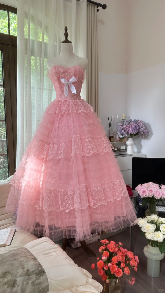 Vintage Pink Strapless Sweetheart Design Romantic Chiffon Tiered Evening Dress Prom Dress  D1485