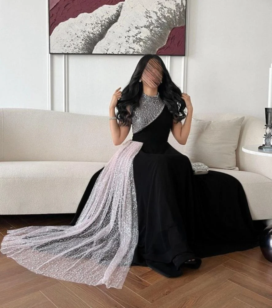 Schwarzes, hochgeschlossenes, ärmelloses A-Linien-Partykleid, lang, MD7488