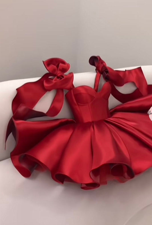 Stunning Homecoming Dress Red Sweetheart Bowknot Pleated Back to School Outfits Party Dress D6702