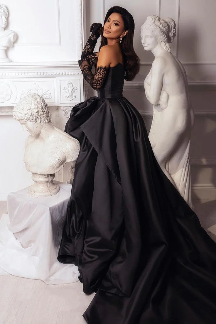 Retro Black Sweetheart Irregular Ruffle Hem Lace Gloves Design Elegant A-Line Satin Evening Dress Prom Dress D1605