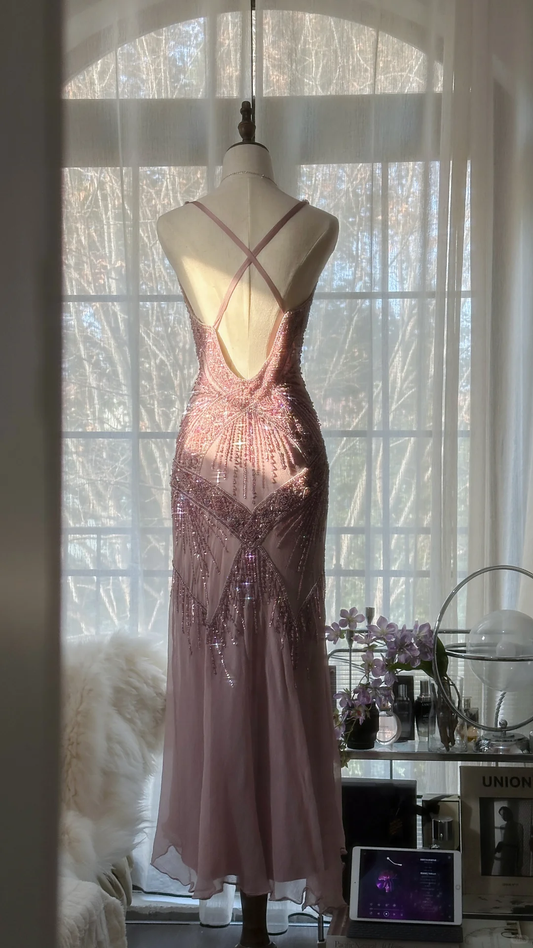 Vintage Pink Sparkling Elegant Beaded Sweetheart Romantic Chiffon Evening Dress D1467