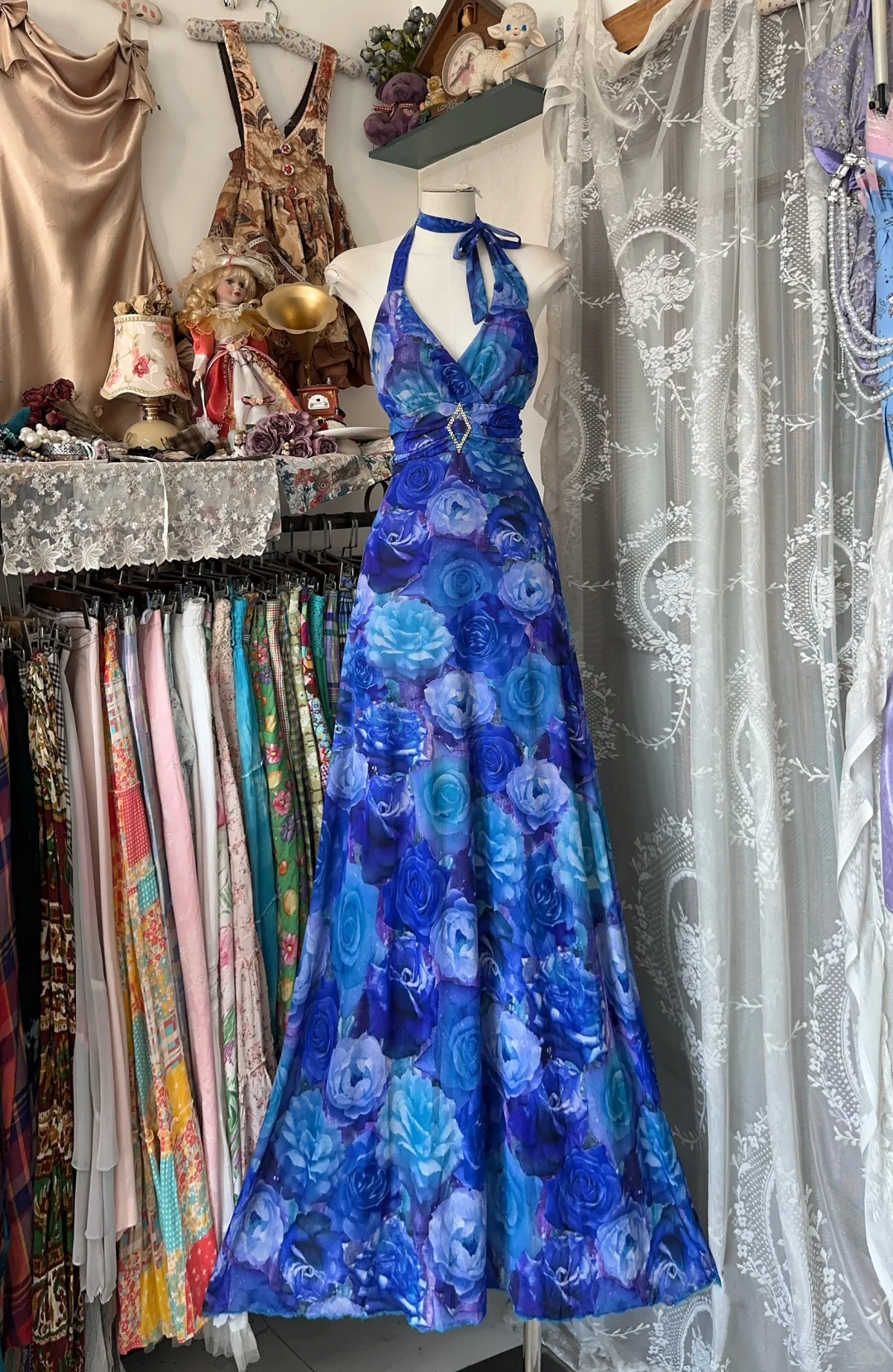 Vintage Navy Blue Floral V-neck Halter Dress Elegant A-Line Long Evening Dress Prom Dresses D1672