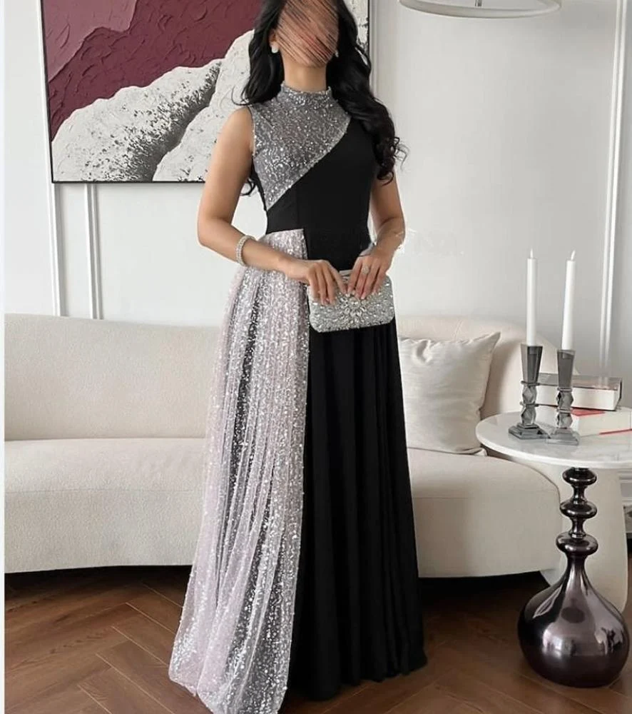 Schwarzes, hochgeschlossenes, ärmelloses A-Linien-Partykleid, lang, MD7488