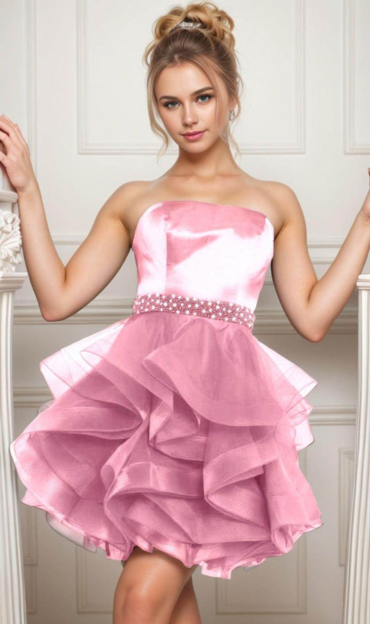 Unique Homecoming Dress Strapless Beaded Organza Cascade Back to School Outfits Party Dress D7763