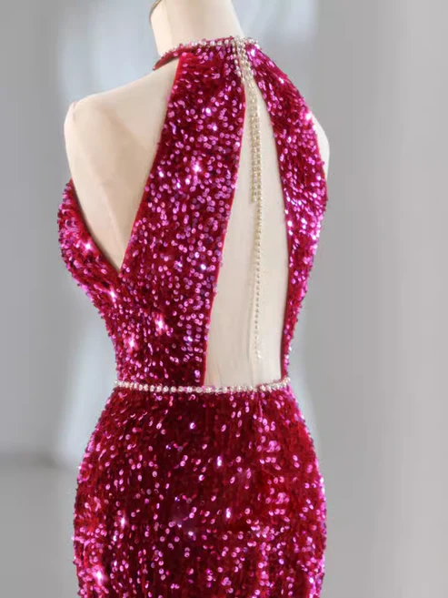 Robe de soirée longue sirène fuchsia élégante à paillettes et col licou MD7494