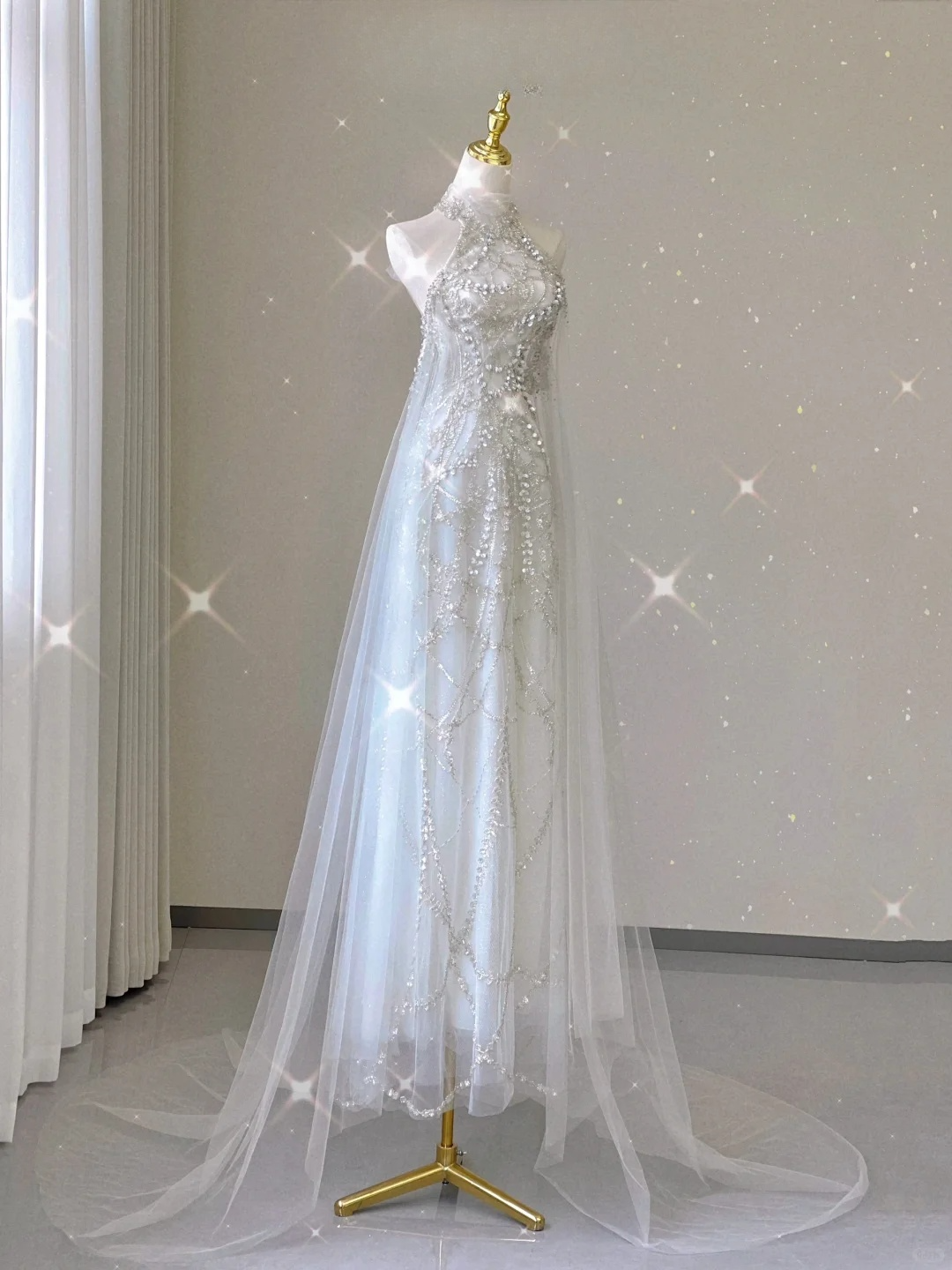 Atemberaubendes Neckholder-A-Linien-Tüll-Abendkleid, langes Partykleid, Brautkleid, D239