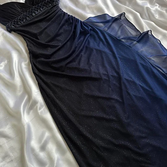 Dark Blue Straps Chiffon Vintage Long Party Dress Prom Gown MD7409
