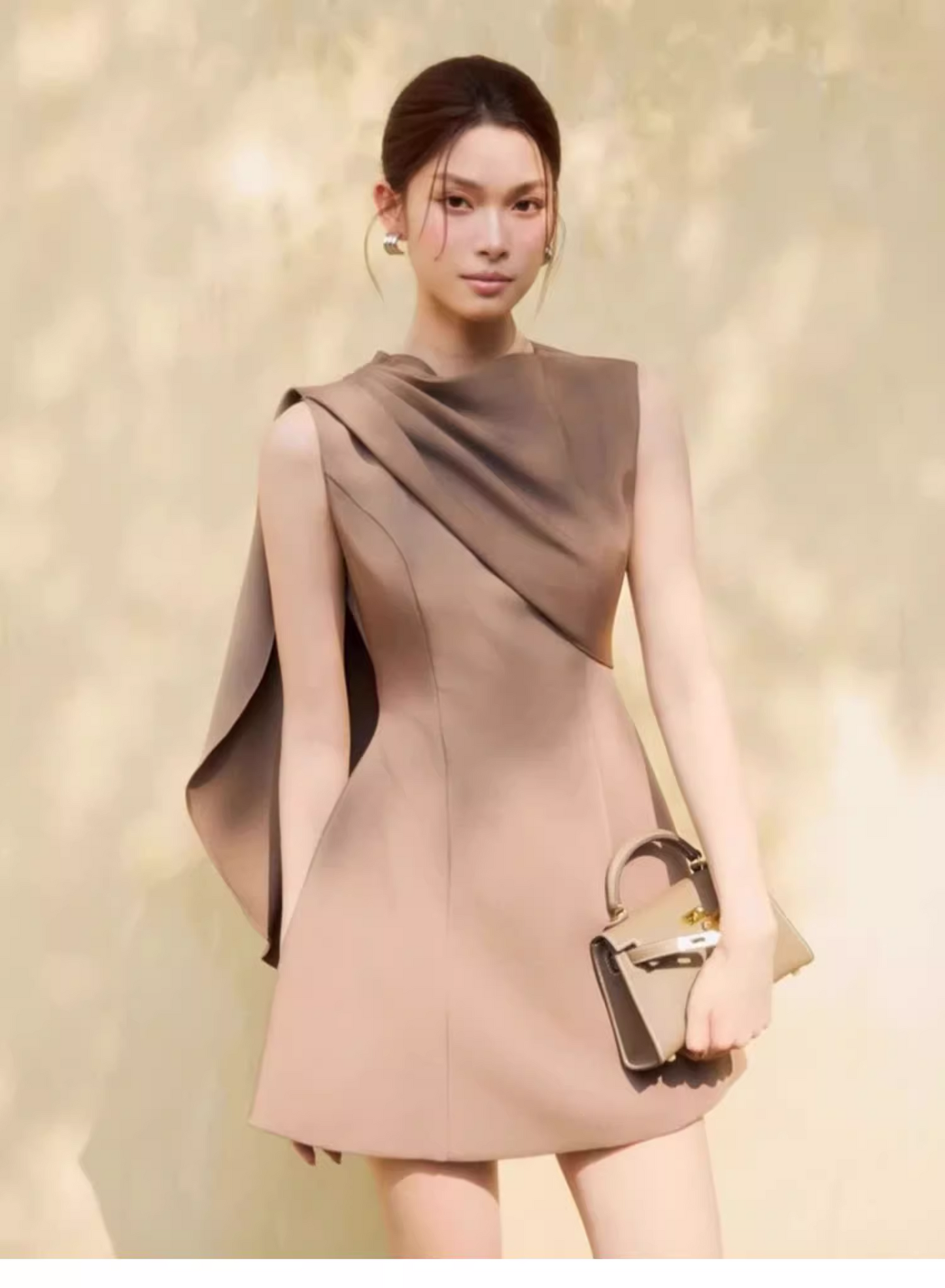 Elegant Light Brown Sleeveless Design A-line Satin Party Dress Homecoming Dress, D1370