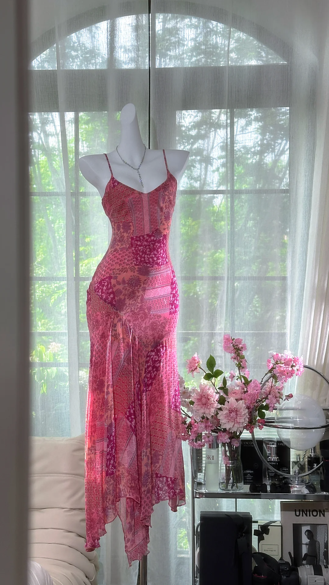 Retro Pink V-neck Floral Elegant Chiffon Evening Dress Prom Dresses D1612