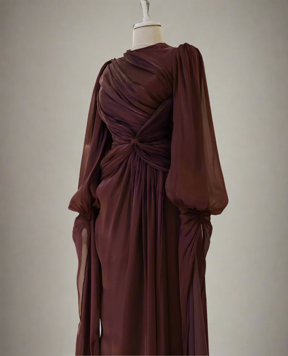 Modest Long Sleeves Sheath Chiffon Elegant Long Formal Party Dress, D783
