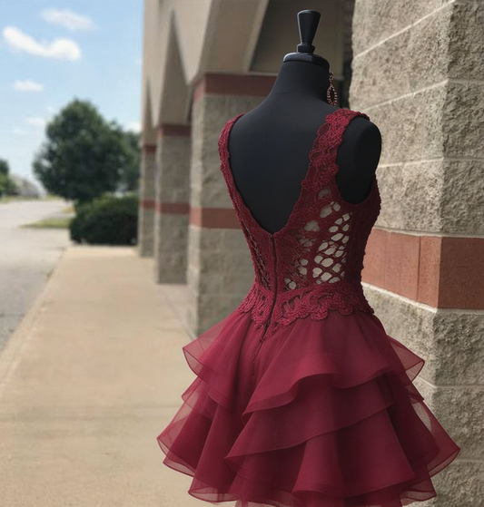 Chic Homecoming Dress V Neck Applique Tulle Cascade Back to School Outfits Party Dress Birthday Outfits D7421