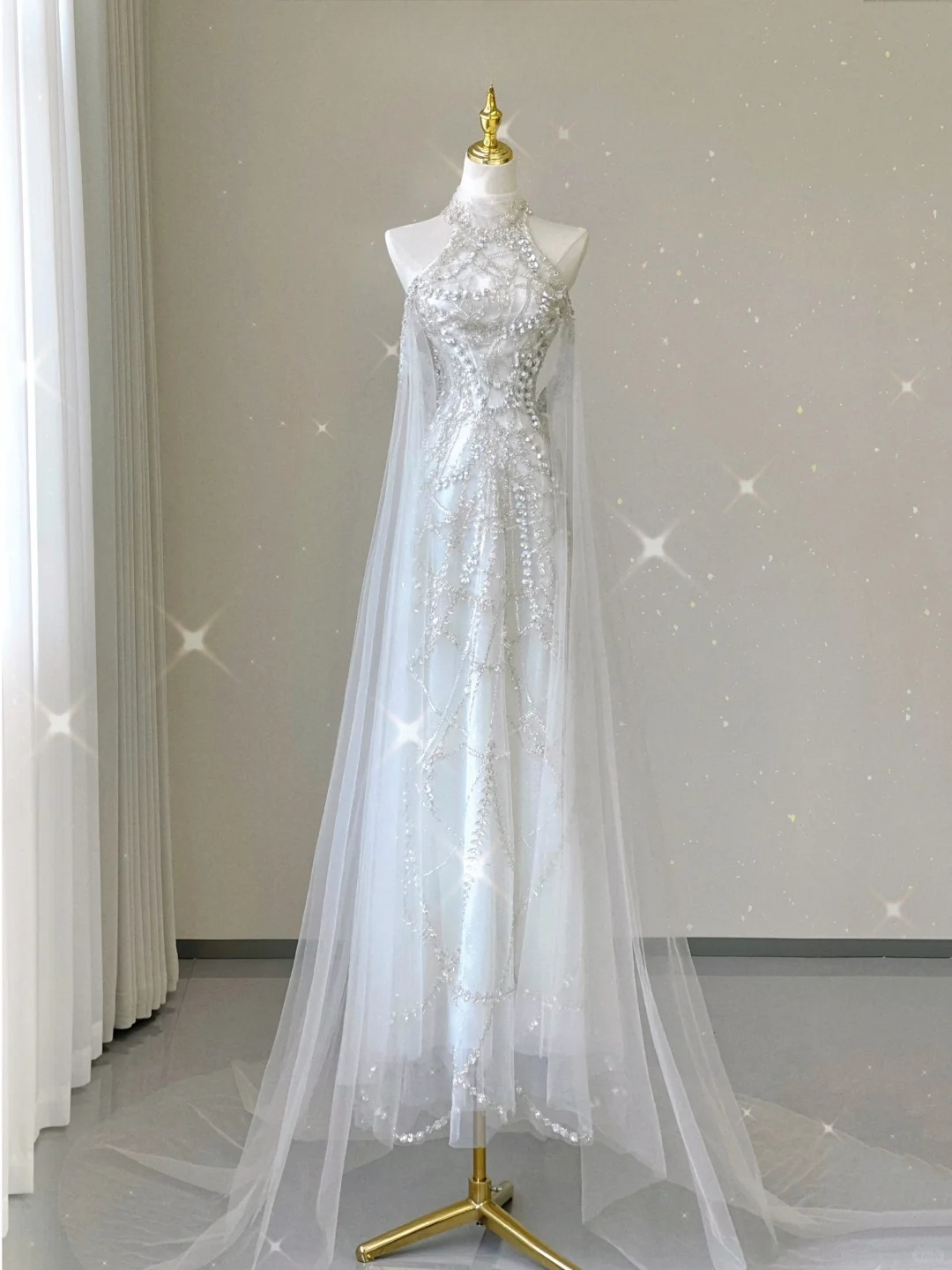 Atemberaubendes Neckholder-A-Linien-Tüll-Abendkleid, langes Partykleid, Brautkleid, D239