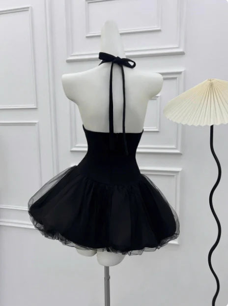 New Homecoming Dress Halter Black Tulle Bowknot Back to School Outfits Party Dress D7601