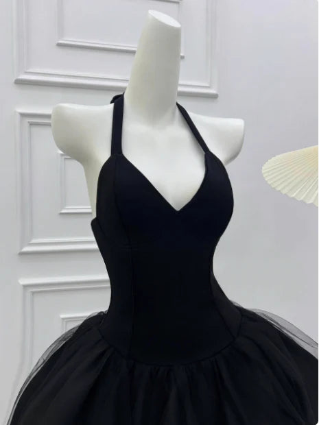 New Homecoming Dress Halter Black Tulle Bowknot Back to School Outfits Party Dress D7601