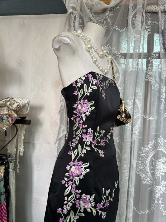 Vintage Black Floral Strapless Design Elegant Sheath Satin Long Evening Dress Prom Dresses D1676