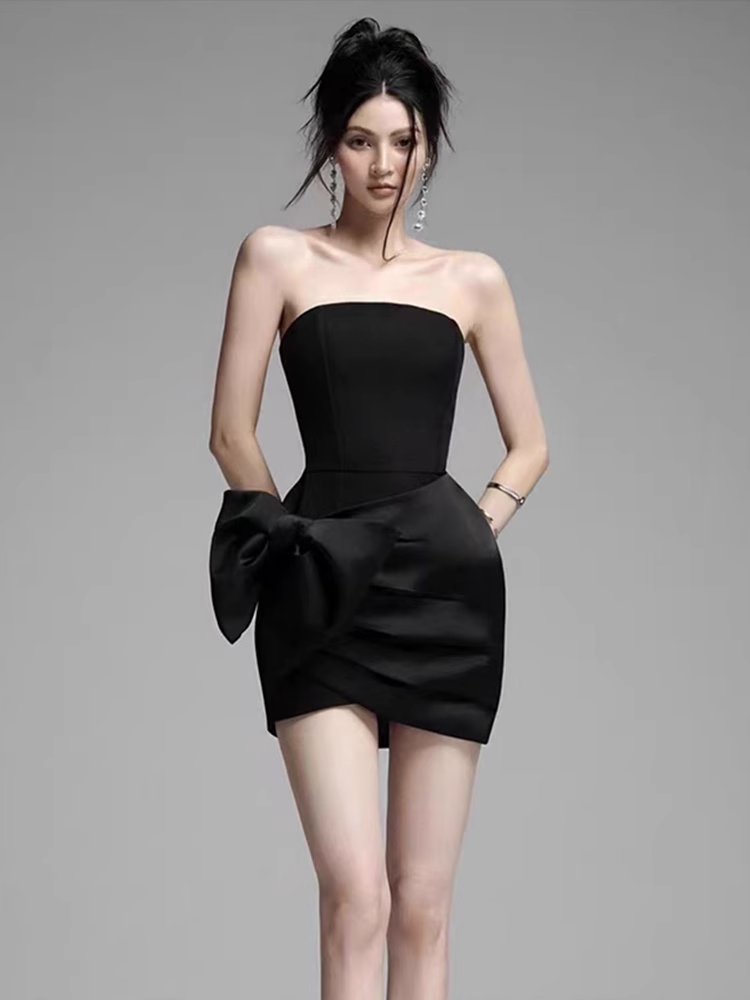 Elegant Black Strapless Bow Design A-line Satin Party Dress Homecoming Dress, D1371