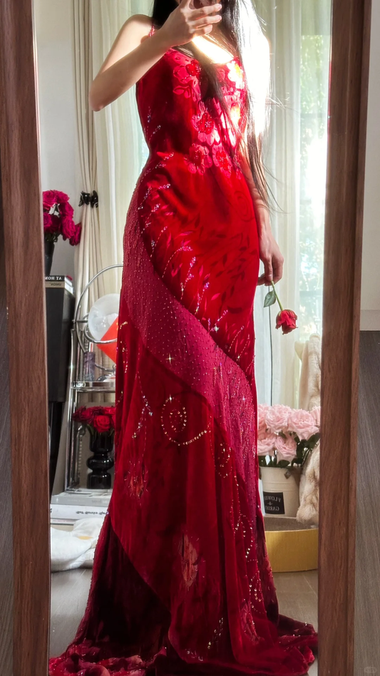 Robe de soirée élégante en mousseline de soie, robe de bal, vintage, rouge, paillettes scintillantes, bretelles spaghetti, D1490