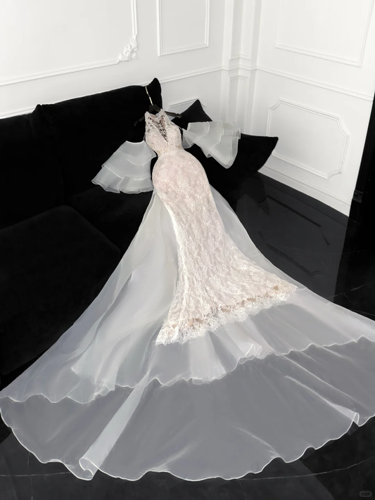 Elegantes Elfenbein-Applikationsdesign Meerjungfrau-Brautkleid Ballkleid Abendkleid D1685