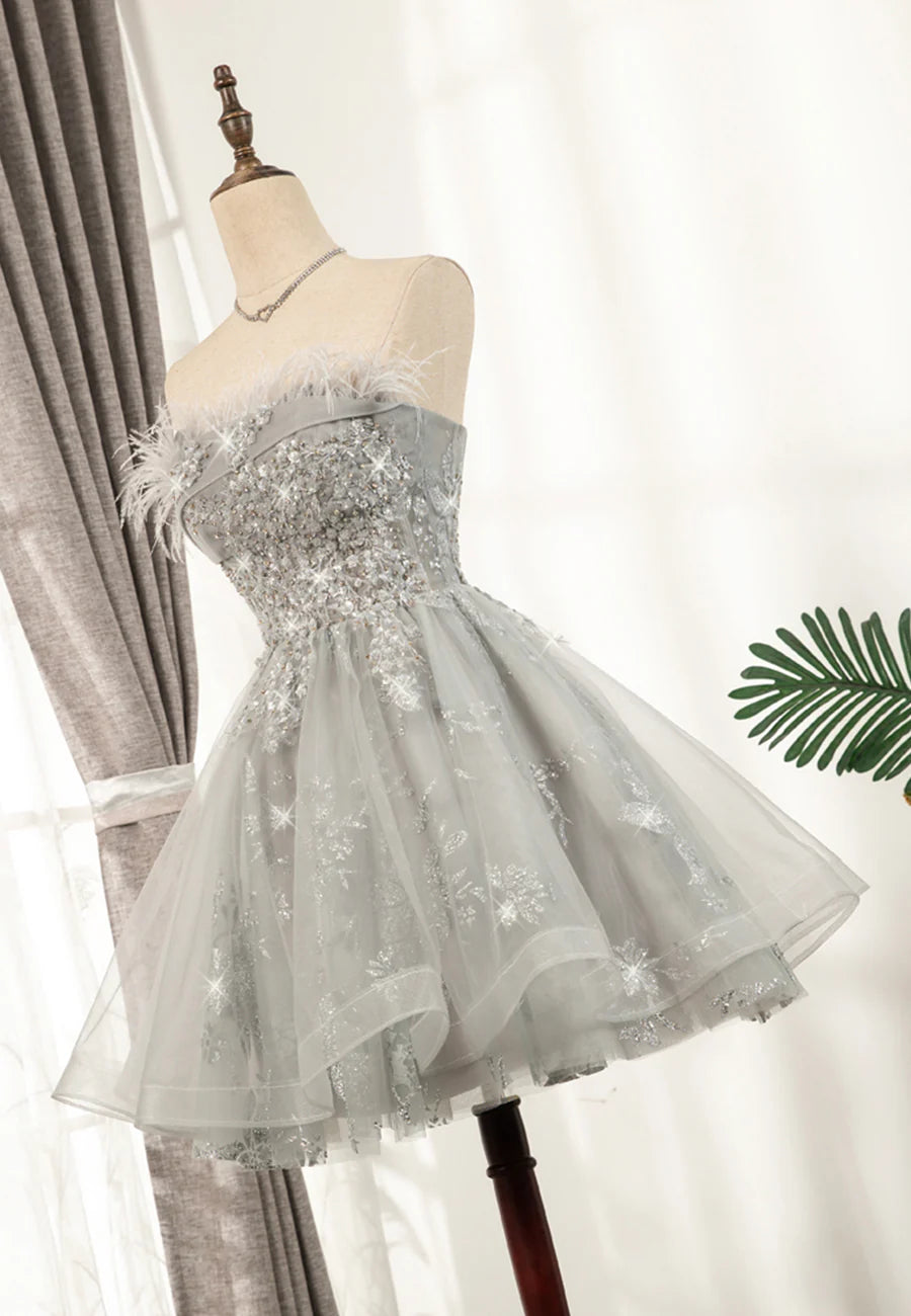 Pretty Homecoming Dress Strapless Feather Beaded Sequins Prom Dress Back to School Outfits Party Dress D6103