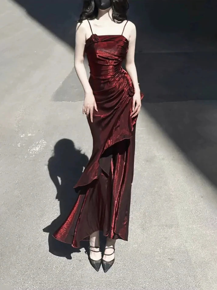 Vintage Burgundy Spaghetti Strap Ruffle Design Elegant A-line Evening Dress Prom Dress D1600
