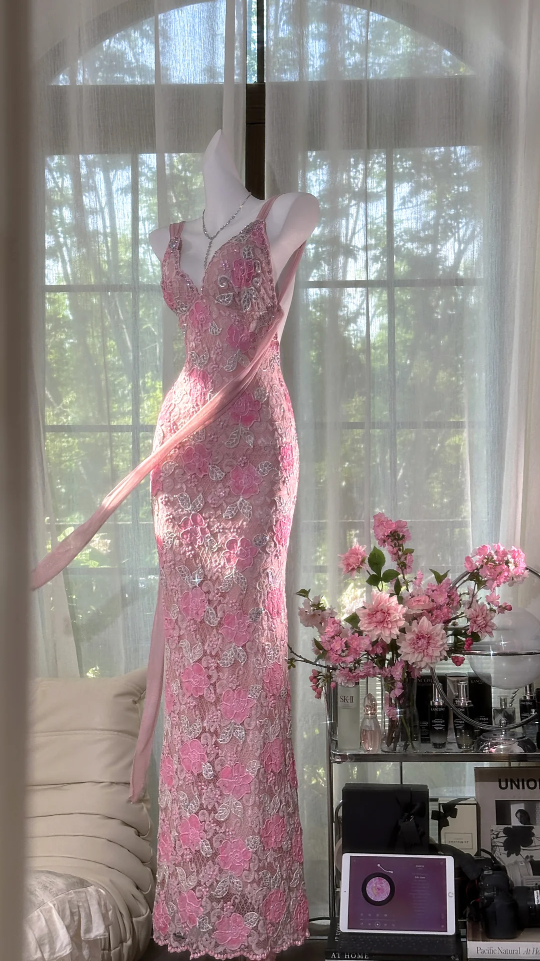 Vintage Gorgeous Pink Floral V-neck Applique Elegant Chiffon Long Evening Dress Prom Dresses D1607