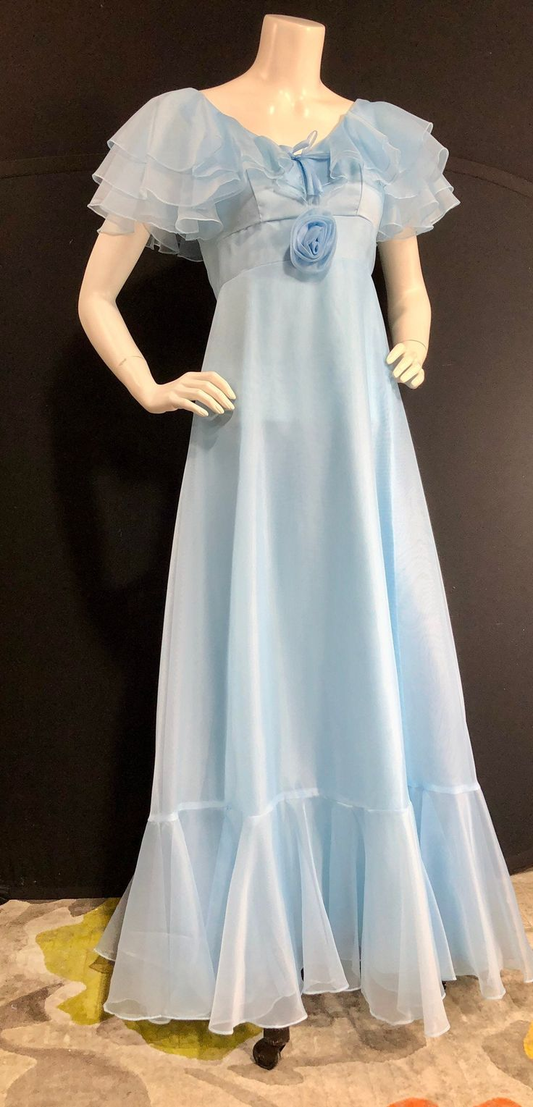 Robe de soirée longue bleu clair coupe trapèze en mousseline de soie à volants, style rétro, pour anniversaire, D770