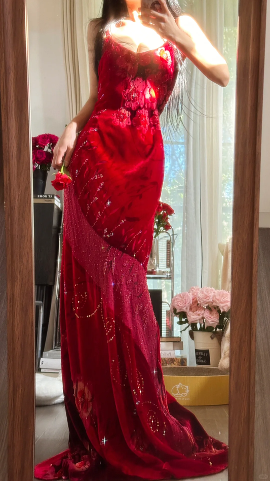 Robe de soirée élégante en mousseline de soie, robe de bal, vintage, rouge, paillettes scintillantes, bretelles spaghetti, D1490