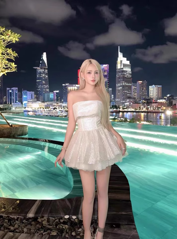 Cute Beige Sequin Ruffled Hem Design A-line Satin Strapless Party Dress Homecoming Dress, D1372