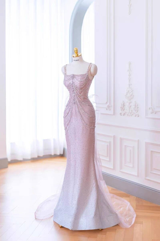 Robe de soirée longue sirène rose à bretelles et épaules dénudées, ornée de perles, D282