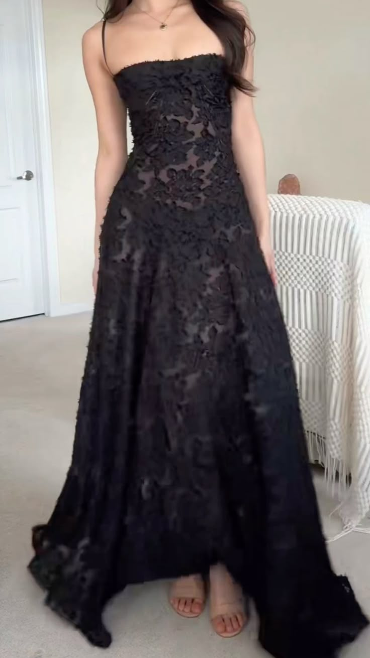 Black Spaghetti Straps A-Line Long Prom Dress Evening Gown MD7846
