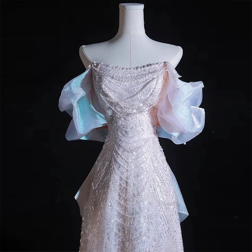 Robe de soirée longue rose clair à épaules dénudées et paillettes, coupe trapèze, MD7407