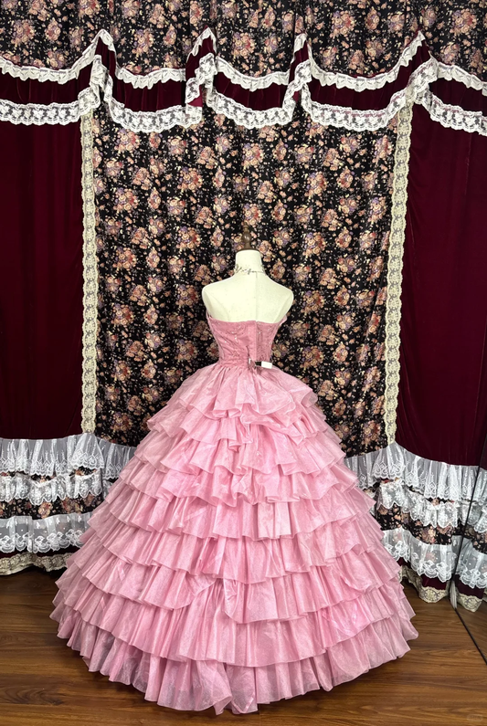Retro Rosa Trägerloses A-Linie Satin Quinceanera Kleid Sweet 16 Geburtstag Ballkleid, D1426