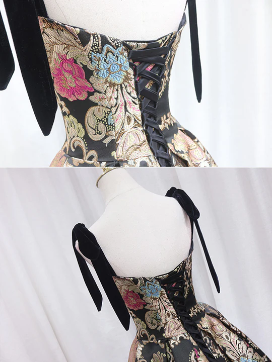 Vintage Floral Applique Spaghetti Strap Design A-line Satin Party Dress Homecoming Dress D1557