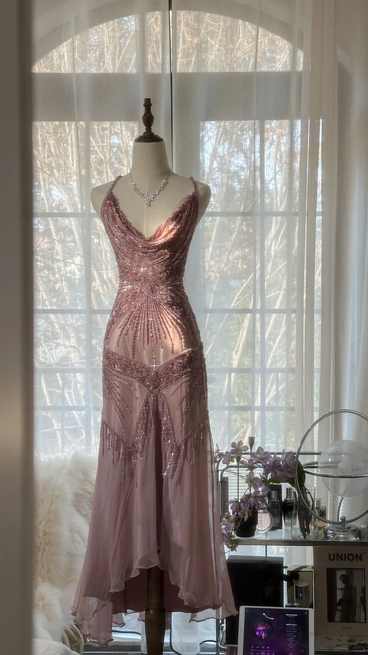 Vintage Pink Sparkling Elegant Beaded Sweetheart Romantic Chiffon Evening Dress D1467