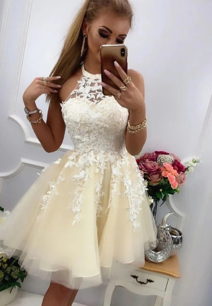 Elegant Homecoming Dress Halter Lace Flowers Short Prom Dress Back to School Outfits Party Dress D6099
