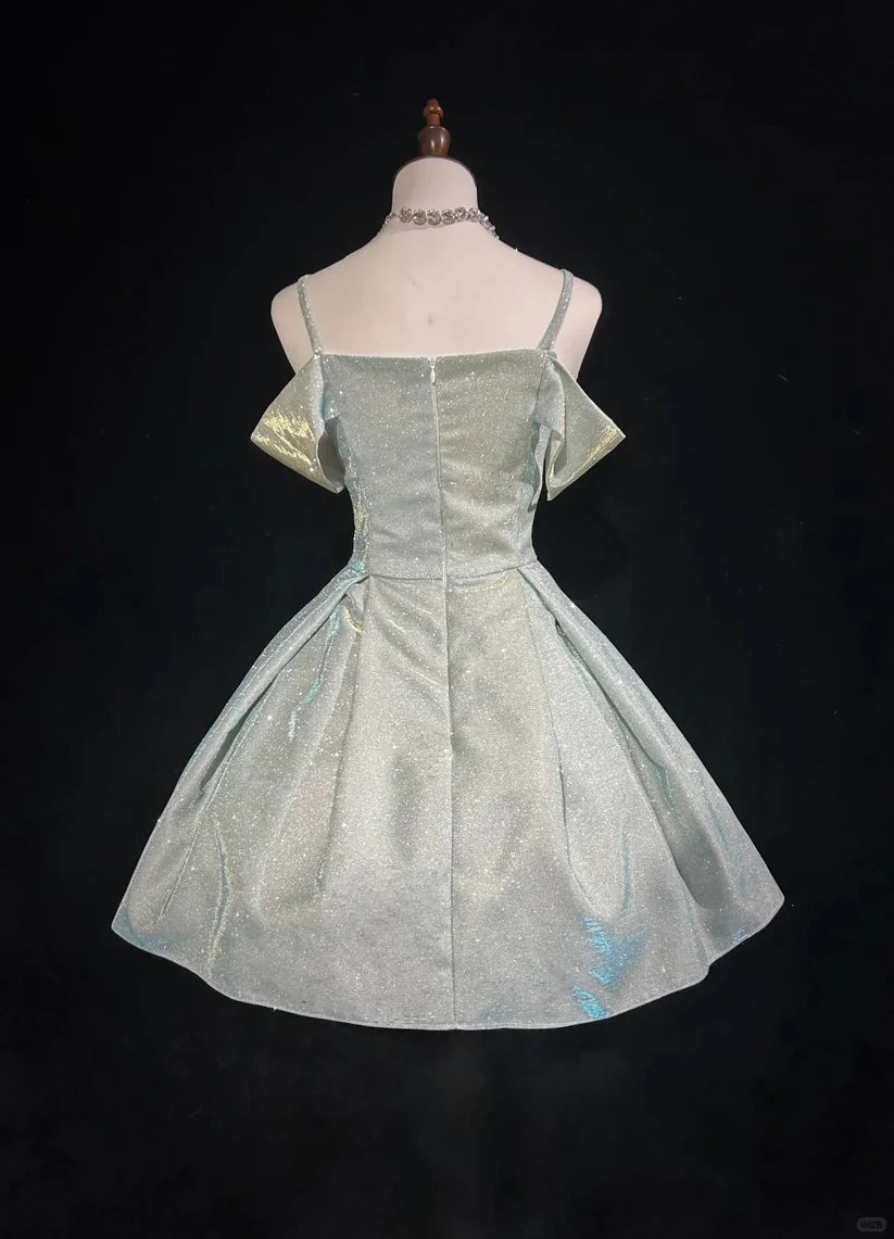 Sparkling Light Blue Sequin Spaghetti Strap Design A-line Satin Party Dress Homecoming Dress D1576