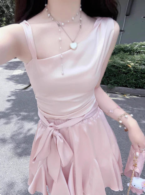 New Homecoming Dress Asymmetric Pleated Bowknot Back to School Outfits Party Dress D7602