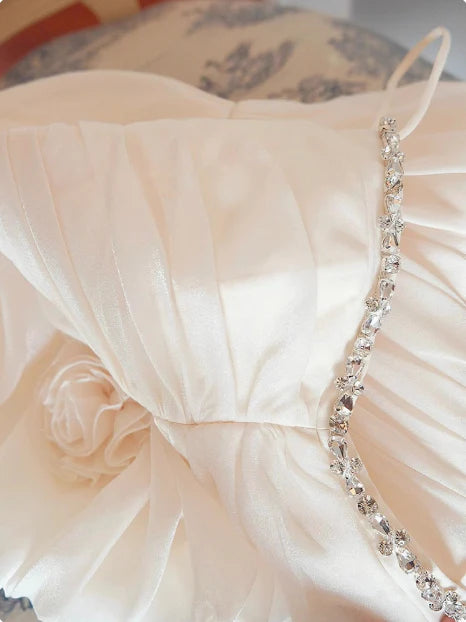 New Homecoming Dress Spaghetti Strap Rinestone Flower Pleated Back to School Outfits Party Dress D7612