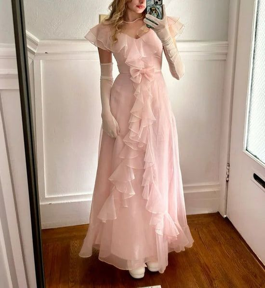 Lovely Light Pink A-Line Chiffon Ruffles Long Party Dress Birthday Outfits, D845