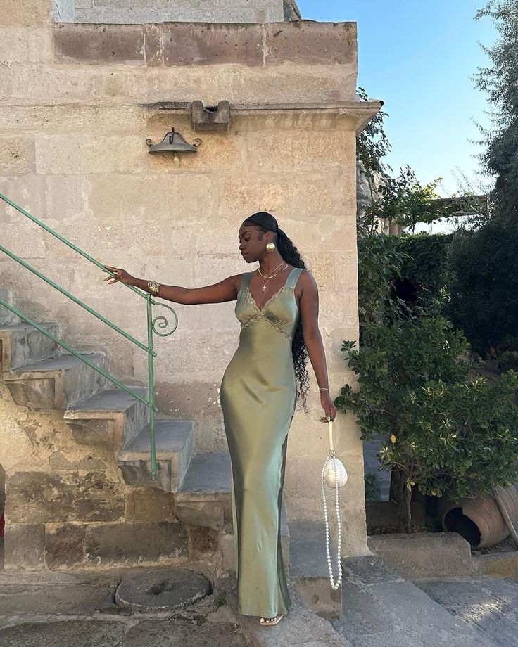 Green V Neck Straps Sheath Satin Long Party Dress Wedding Guest Dress, D77