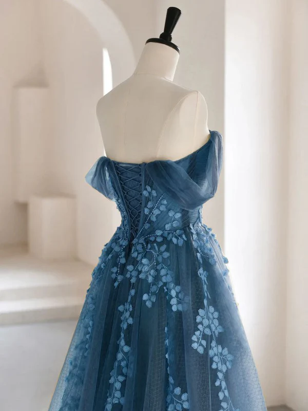 Robe de soirée longue en tulle vert et dentelle, coupe trapèze, M5323