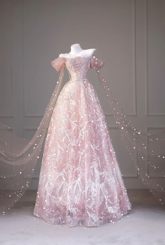 Rosa schulterfreies A-Linien-Tüll-Langabendkleid Partykleid Geburtstagsoutfits, D1003