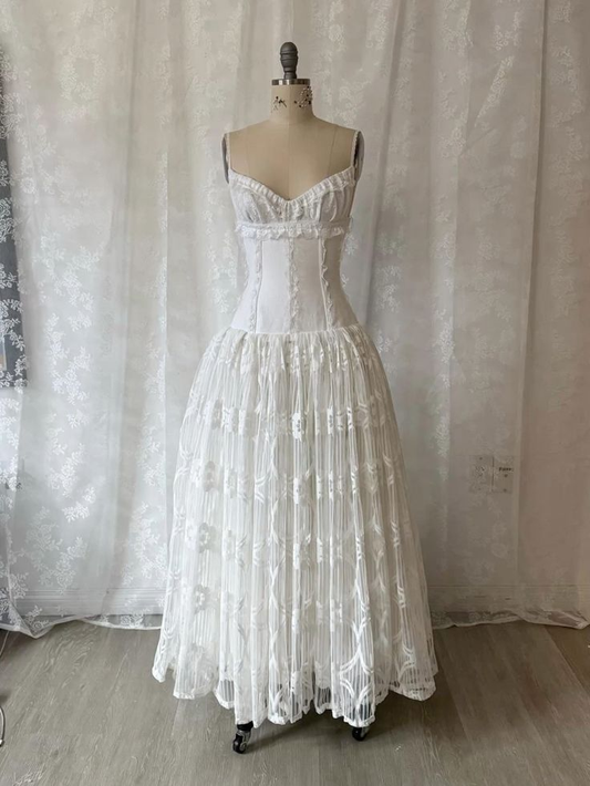 Elegantes elfenbeinfarbenes Spaghettiträger-A-Linien-Spitzen-Vintage-Brautkleid, Geburtstagskleid, D1007