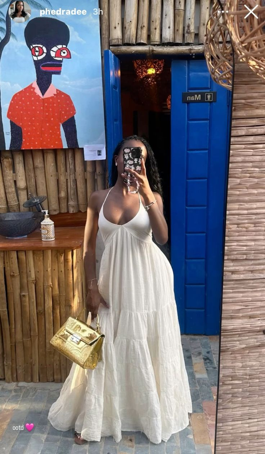 Hübsches weißes Neckholder-A-Linien-Chiffon-Lang-Partykleid, modisches Sommerkleid, D1015