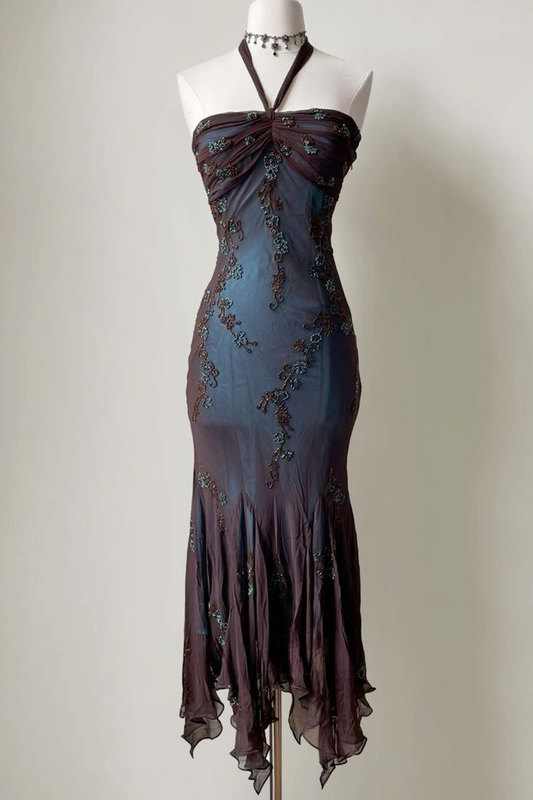 Vintage Neckholder Meerjungfrau Perlen Chiffon Lange Abend Party Kleider, D1022