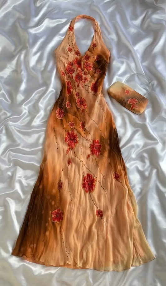 Vintage Neckholder Etuikleid mit Perlenbesatz aus Chiffon, lange Abend- und Partykleider, D1037