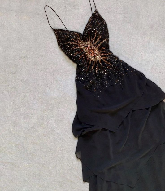 Schwarze Spaghettiträger A-Linie Chiffon Perlenbesetztes Vintage Langes Abendkleid, D1045